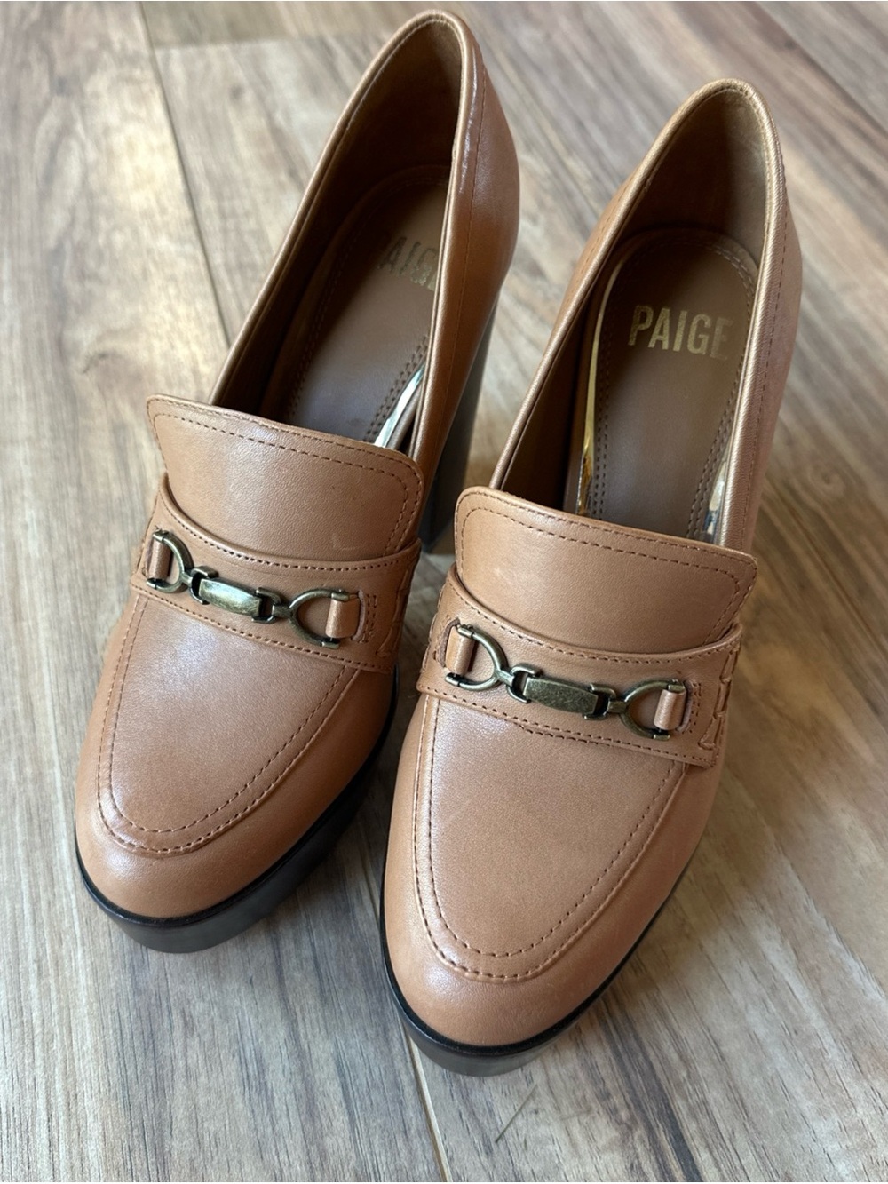 Paige Masha Bit Loafer Platform Pumps Heels Shoes Leather Cognac Brown Tan 7 EUC - Picture 3 of 6